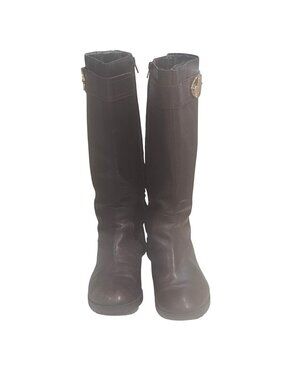 Ralph Lauren Brown Leather Knee-High Riding Boots Womens Size 9M Gold Logo Detai